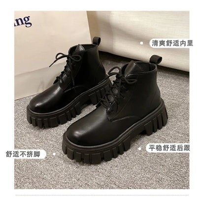 White New Women Ankle Boots  Autumn Winter Platform Zipper Women Punk Boots Thick Sole Lace Up Combat Booties Female Mujer