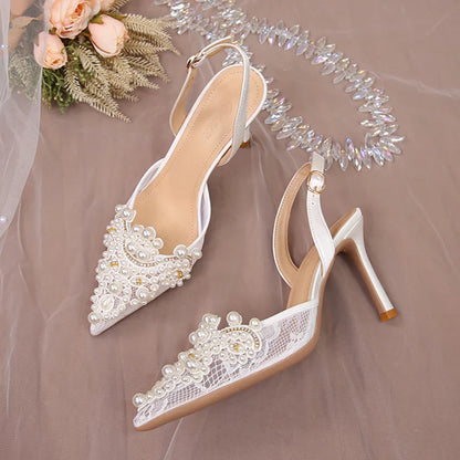 binfenxie  -   Sexy Lace Thin Heels Sandals Women Elegant Pearl High Heels Pumps Woman  Summer Pointed Toe Bling Crytsal Party Shoes