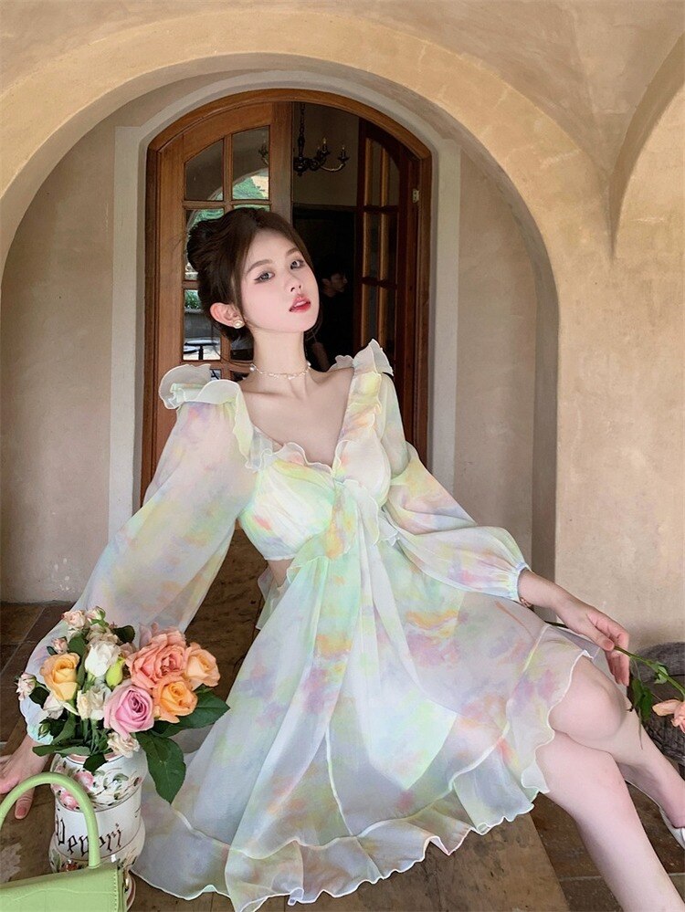 binfenxie France Sweet Tie-dyed Fairy Dress Women Elegant Chic Ruffles V-Neck Long Sleeve Princess Dresses Female Casual Beach Vestidos