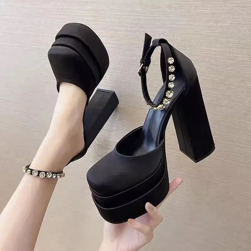 Futurecen Silk Square Heel Pumps  High Quality High Heel Ladies Shoes Round Toe Casual Buckle Strap Fashion Platform Solid Pumps