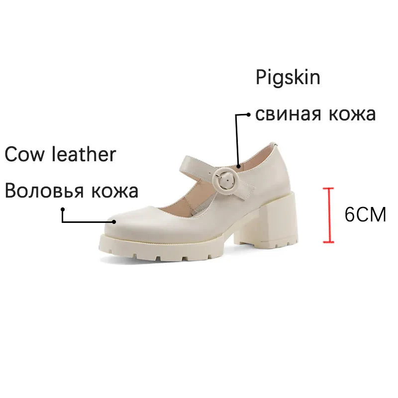 New Cow Leather Mary Jane Women's Shoes LEISURE Buckle Platform Shoes Shallow Pumps Round Toe Shoes Woman Zapatos De Mujer