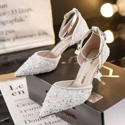 Elegant Ladies Ankle Strap Pumps High Heels Crystal Wedding Shoes Bride for Women Spring Pointed Toe Luxury Pumps Woman