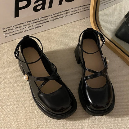 Women Loafers Retro Brown Mary Jane Shoes Women Thick Heels Ankle Buckle Lolita Shoes Woman Uniform Pu Leather Pumps Shoe Female