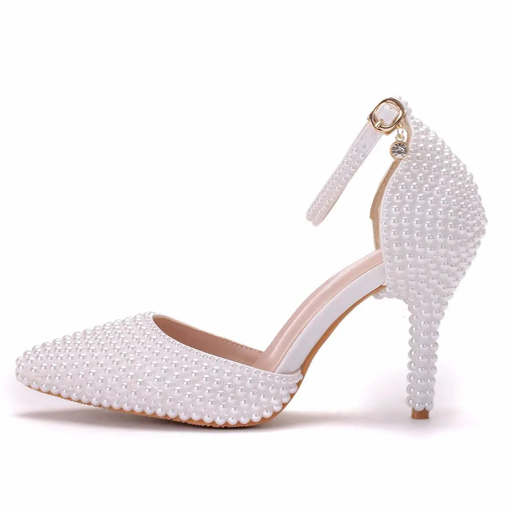 binfenxie  -   Pointed Toe White Pearl Wedding Shoes Thin Heels Shoes Bridal High Heels Shoes Female Party Ankle Strap Sandals