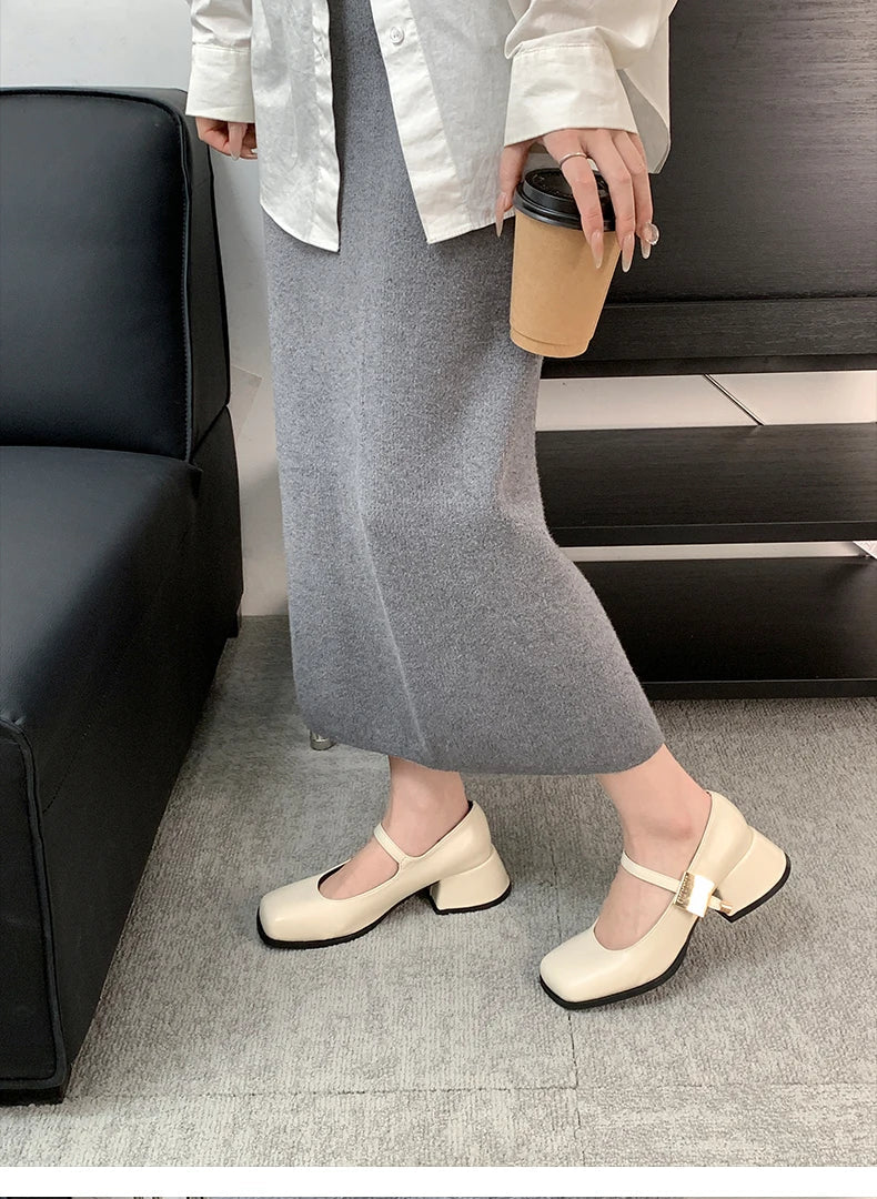 Futurecen Spring Women Mary Jane Shoes Fashion Shallow Buckle Ladies Elegant Square Heel Single Shoes Street Style Pumps Shoes