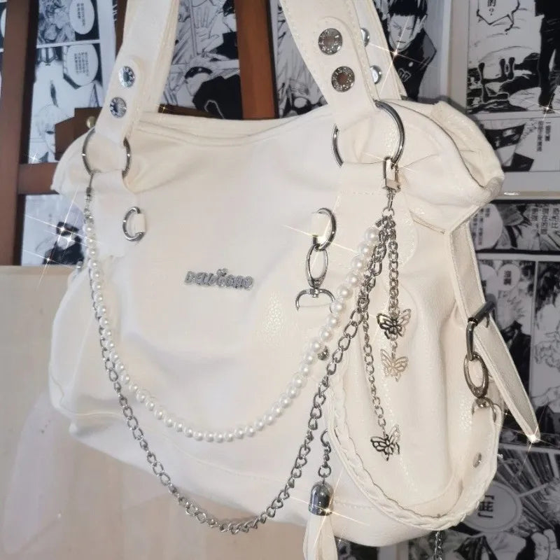 binfenxie  Original Y2k Womens Handbag White Goth Pearl Chains Fashion Tote Bag Aesthetic Large Capacity Designer Daily Shoulder Bag