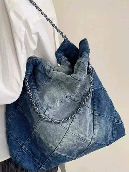 binfenxie Y2k Grunge Denim Tote Bag Women Vintage Casual Large Capacity Handbag Purse Female Retro Harajuku Aesthetic Shoulder Bag