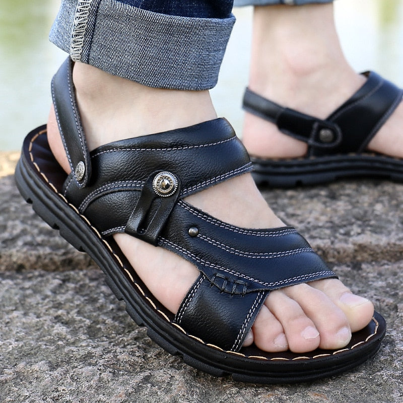 Men's Summer New Sandals and Slippers Men's Leather Sandals Adult Thick-soled Beach Shoes Non-slip Open-toe Leather Sandals