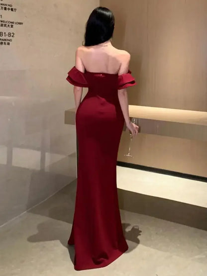 Women's Sexy Backless High Split Ruffles Wrapped Hip Dress, Elegant Luxury Off Shoulder Party Evening Dresses, Red, Summer