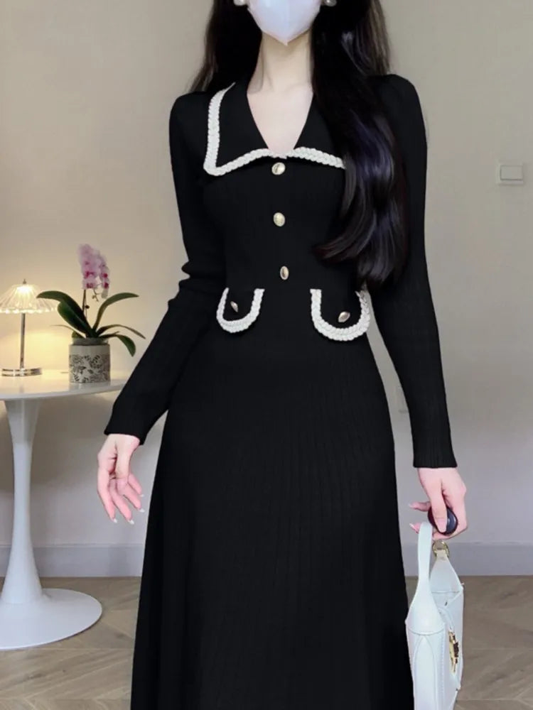 Autumn Winter Long Sleeve Knitting Midi Dress Women Fashion Turn Down Collar Button Sweater Clothes Female Soft Ribbed Jumper