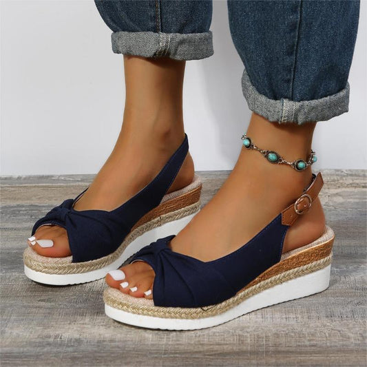 Summer Fashion Women Sandals Peep Toes Thick Sole Sloping Heels Comfortable Casual Shoes For Women Solid Buckle Bow Flat  Shoe