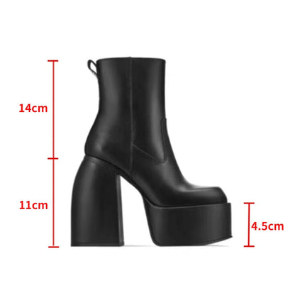 PU Leather Over-the-Knee Boots Women Punk Shoes Platform High-Heel Boots Chunky Motorcycle Black Autumn Mid-Calf Winter