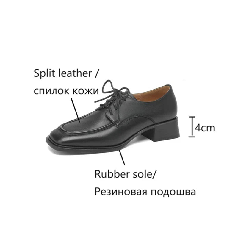 Futurecen NEW Spring/Autumn Women Shoes Square Toe Women Loafers Chunky Heel Shoes Split Leather Shoes for Women Retro Lace up Women Pumps