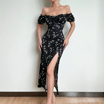 Off Shoulder Flower Print Sexy Dress For Women High Split Elegant Long Dresses Backless Bodycon Summer Dress Vestidos QY21251KJ