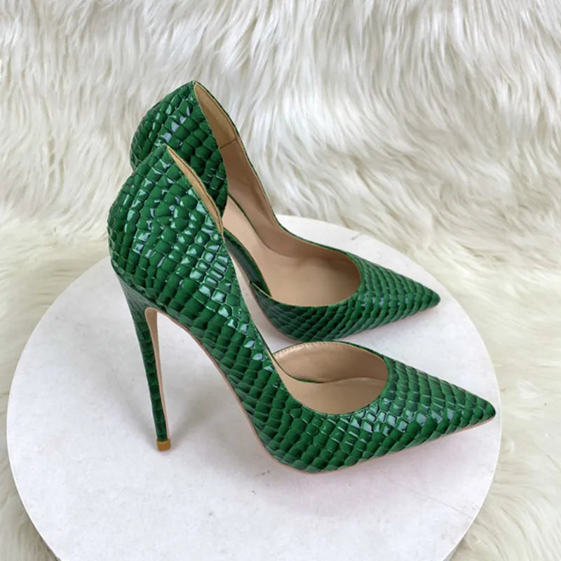 Futurecen  Green Croc-Effect Women D'Orsay Inisde Cut Pointed tOe Stiletto Pumps Sexy Ladies Party Night Club High Heel Shoes