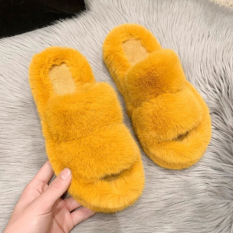 Winter Fluffy Slippers Women New House Home Fur Slippers For Women Flat Platform Cozy Fuzzy Indoor Shoes Korean Slides