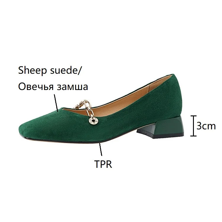 Futurecen Spring/Autumn Women Pumps Sheep Suede Leather Shoes for Women Square Toe Chunky Heel Women Shoes Chain Office Ladies High Heels