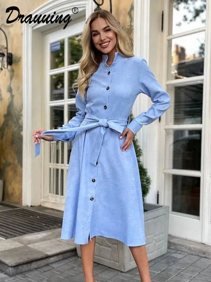 binfenxie  -   Long Sleeve Elegant Party Dresses Women Button Knee Length Lady Dresses Women Shirts A Line Dresses Autumn New