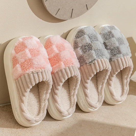 Fashion Couple Winter Toe Wrap Warm Plaid Cotton Slippers Thick Soft Sole Slides Men Women Indoor Floor Flat Home Non-slip Shoes