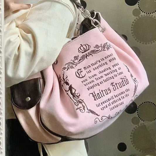 binfenxie  Y2K Pink Vintage Gothic Women Tote Bag Aesthetic Large Capacity Embroidery Letters Retro Shopping Travel Chain Shoulder Bag