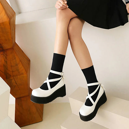 Futurecen Bowknot Lolita Shoes Platform Heels Women Pumps Japanese School JK Uniform Fashion Girl Rear Bow Tie Thick Sole Mary Jane Buckle