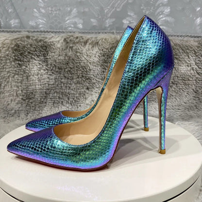 Futurecen Shiny Blue Snakeskin Pattern Women Sexy Pointed Toe Slip On Stiletto Pumps Sparkly Party Night Club High Heel Shoes