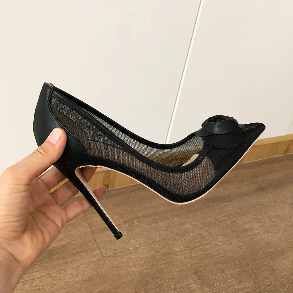 Futurecen Black Matte Flower Women Gauze Mesh Pointed Toe Stiletto Pumps Elegant Ladies Designer Slip On High Heel Shoes Customize