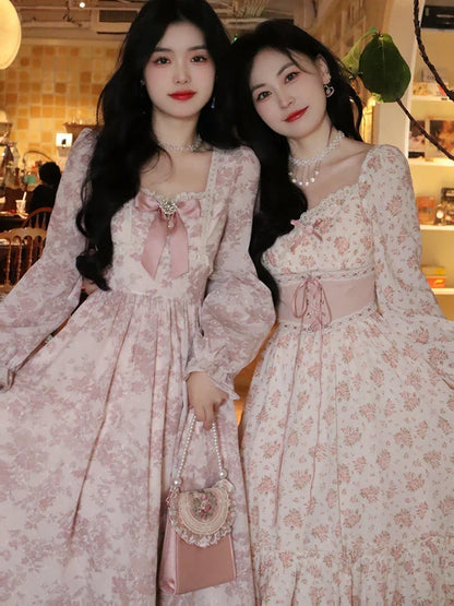 binfenxie Spring Pink Floral Elegant Dress Women Bandage Lace Print Sweet Vintage Dress Puff Sleeve Kawaii Dress Women Princess Fairy