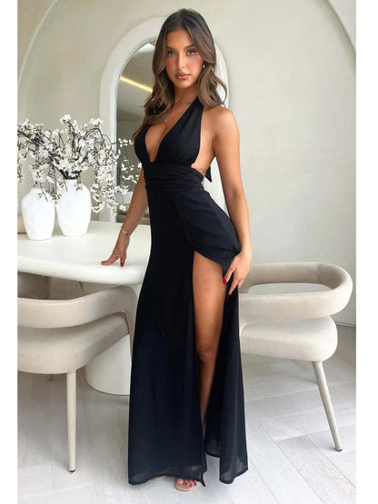 Elegant Sleeveless Open Back High Split Dress Women Slim Lace Up Evening Dress Female Elegance Club Party Vestidos