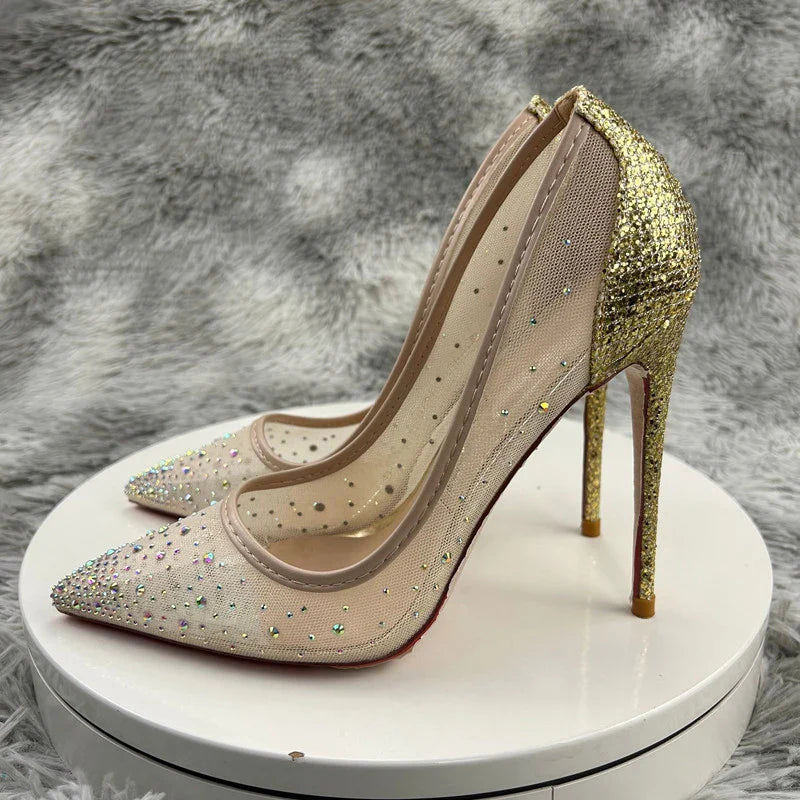 Futurecen Bling Gold Sequins Women Summer Gauze Rhinestones Pointed Toe Stiletto Pumps for Wedding Elegant Bridal High Heel Shoes