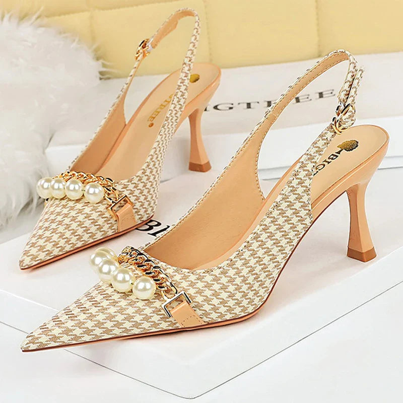 Shoes  Spring Women Pumps Pearl Metal Chain High-heels Checked Grain Stilettos Women Heels Luxury Banquet Shoes 43