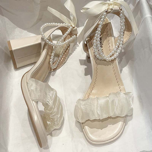 Clear Heels Party Sandals Woman  Cross Buckle Strap Female Shoe Med Cross-Shoes High Girls  Medium Fashion Summer Block Bow