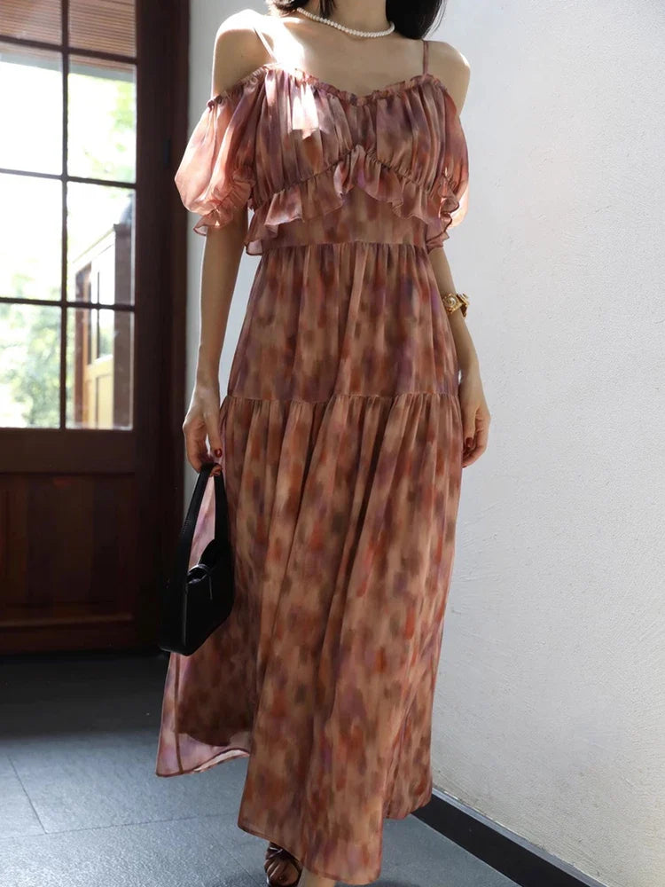 Summer New French Elegant Party Print Dress Sweet A Line Midi  Ladies Vintage Robes