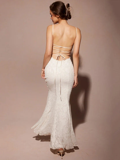 White Backless Lace-up Sexy Maxi Dress For Women Gown Summer New Spaghetti Strap Sleeveless Bodycon Party Long Dress