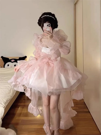 binfenxie Women Chic Pink Asymmetrical Dress Vintage Summer Mini Birthday Female Ruffles PartyLady Holiday Puff Dress