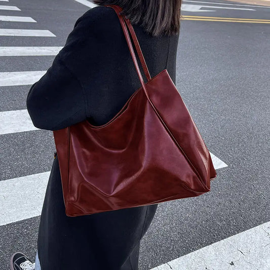 binfenxie Ladies Fashion Large Bag Commuter Women's Bag New Oil Leather Hundred Handbag Large Capacity Shoulder Bag Girls Tote Bag