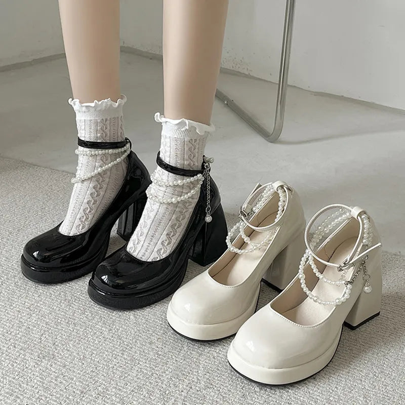 Y2K Chunky Platform High Heels Pumps Women Summer Patent Leather Black White Lolita Shoes Woman Pearl Ankle Straps Pumps