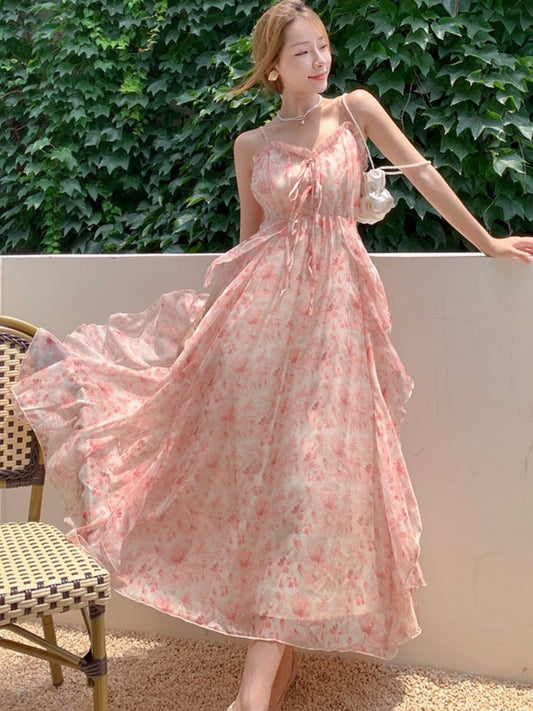 binfenxie Summer Elegant Print Chiffon Dress For Women Bohemian Long Dress Female Spaghetti Straps Holiday Beach Ruffle Vestidos