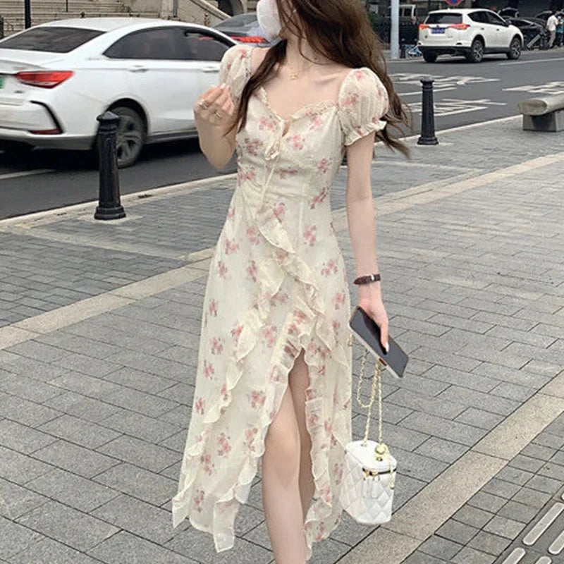 binfenxie Summer New Floral Printing Ruffles Irregular Slit Dress Lady Short Sleeve Sexy Fashion Slim Bow Robe One Word Collar Vestidos