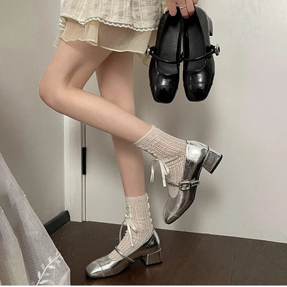 Futurecen Designer Women Mary Jane Shoes Fashion Eelgant Shallow Buckle Ladies Thick Heel Shoes Comfort Dress Silvery Pumps