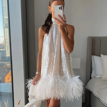 binfenxie Hanging Neck Sequined Dress For Women Fashion Sleeveless Mini Dress Sparkling Hem Slim Temperament Night Gowns Vestidos