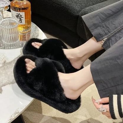 Fashion Women Faux Fur Slides Platform Flat Chunky Heel Fluffy Furry Slippers Winter Footwear Comfortable Ladies Shoes Female