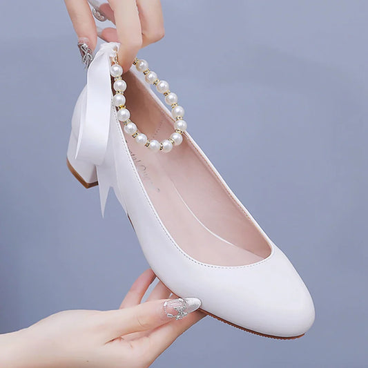 binfenxie  -   White Women Shoes Sexy Bride Party 3CM Pointed Toe Pumps Round Head Shallow Thick High Heels 03BDL