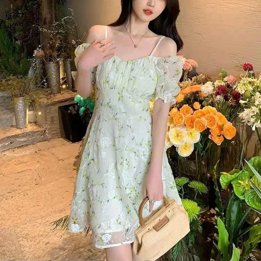 binfenxie Fairycore Floral Embroidery Dresses Female French Temperament Light Green Mini Dress Women Summer Sweet Fresh Puff Sleeve Dress