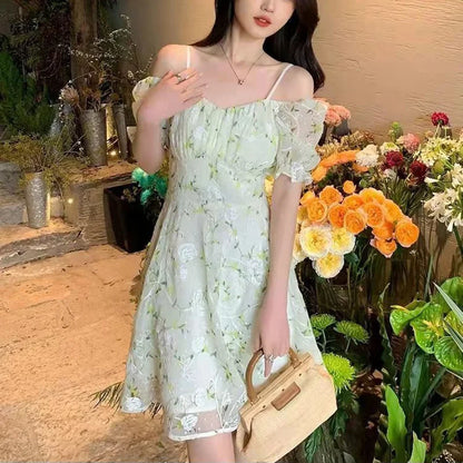 binfenxie Fairycore Floral Embroidery Dresses Female French Temperament Light Green Mini Dress Women Summer Sweet Fresh Puff Sleeve Dress