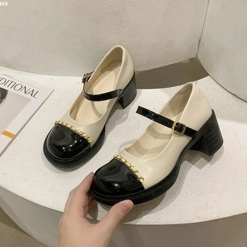 Women's Summer Footwear on Heeled Round Toe Shoes for Woman Gothic Mary Jane Pumps High Heels Normal Leather Casual Black a