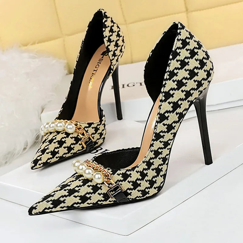 Shoes  Spring Women Pumps Pearl Metal Chain High-heels Checked Grain Stilettos Women Heels Luxury Banquet Shoes 43