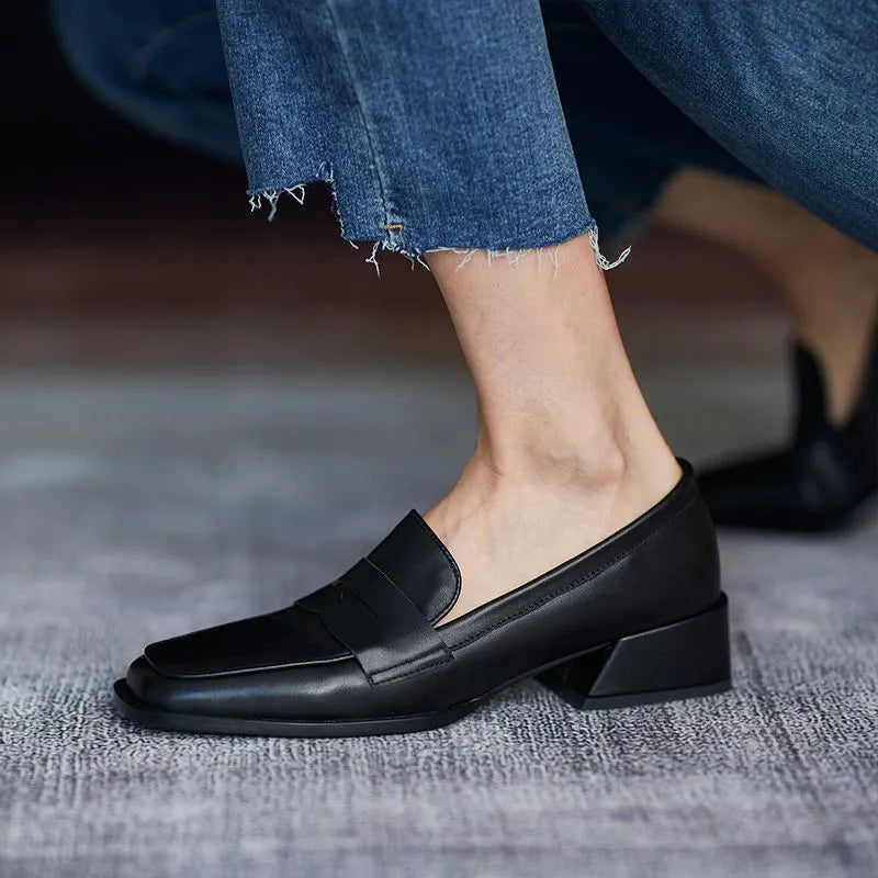 Shoes for Woman Low Heel Elegant Women's Summer Footwear Black Loafers Normal Leather Casual Square Toe with Discount Chic