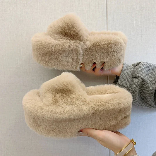 New Summer Fur Chunky Slippers Women Fashion Open Toe Platform Flats Heels 7cm Female Summer Comfort Beach Slides Shoes