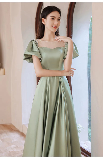 binfenxie Fairy Green Satin Prom Dress Puff Short Sleeve Lace-Up Floor Length Elegant  Evening Gown Plus Size Banquet Vestidos